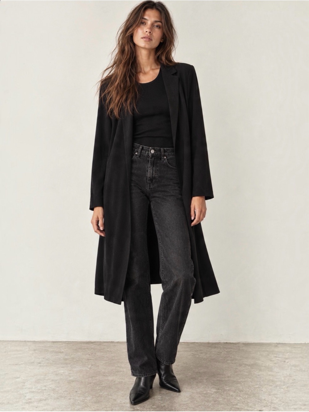 ZARA Black Faux Suede Longline Open Front Duster Coat M